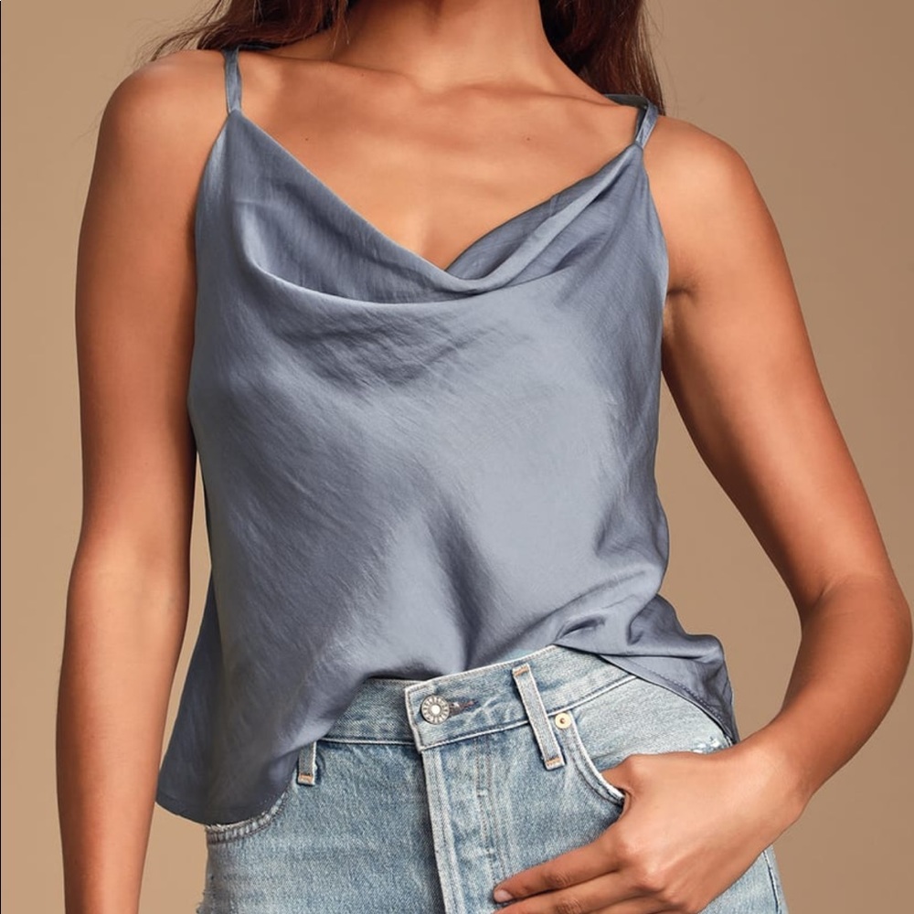 Lulus Dusty Blue Cowl Neck T-Back Satin Top NWOT